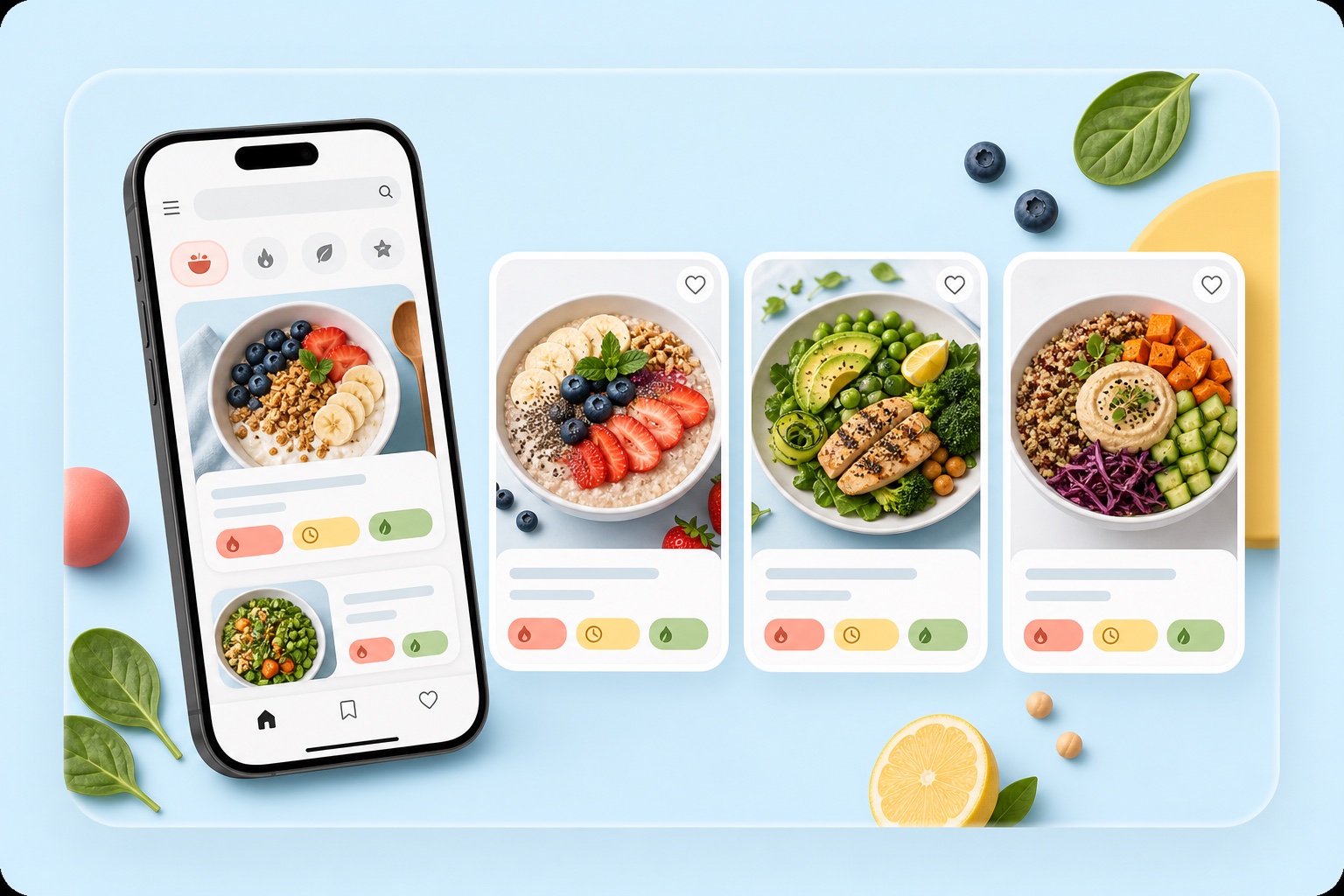 Healthy recipes illustration with a phone and colorful recipe cards
