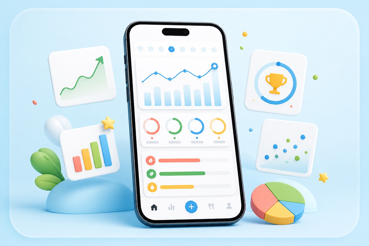 Progress insights illustration with a phone dashboard, charts, and milestone cards
