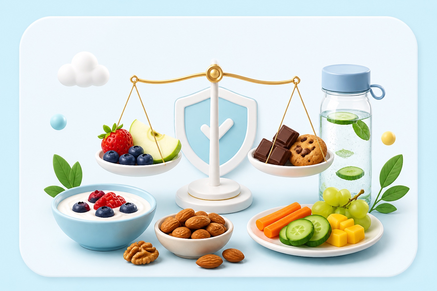 Keep cravings in check goal illustration with healthy snacks and water