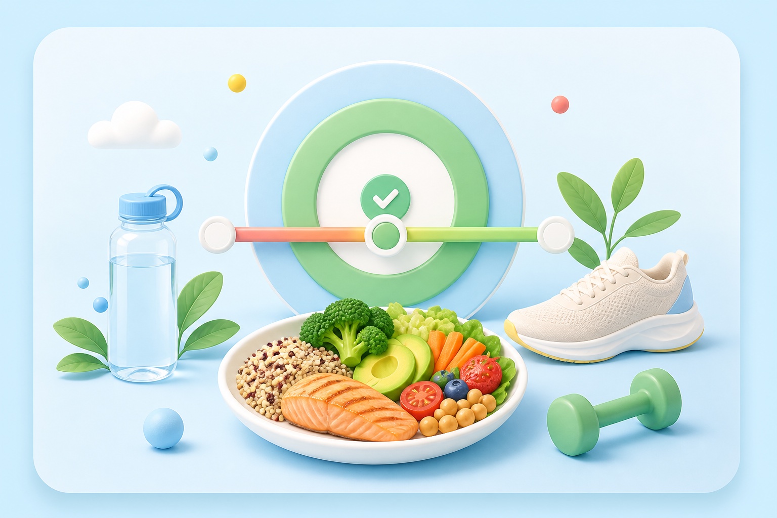 Maintain weight goal illustration with a stable target ring and balanced meal