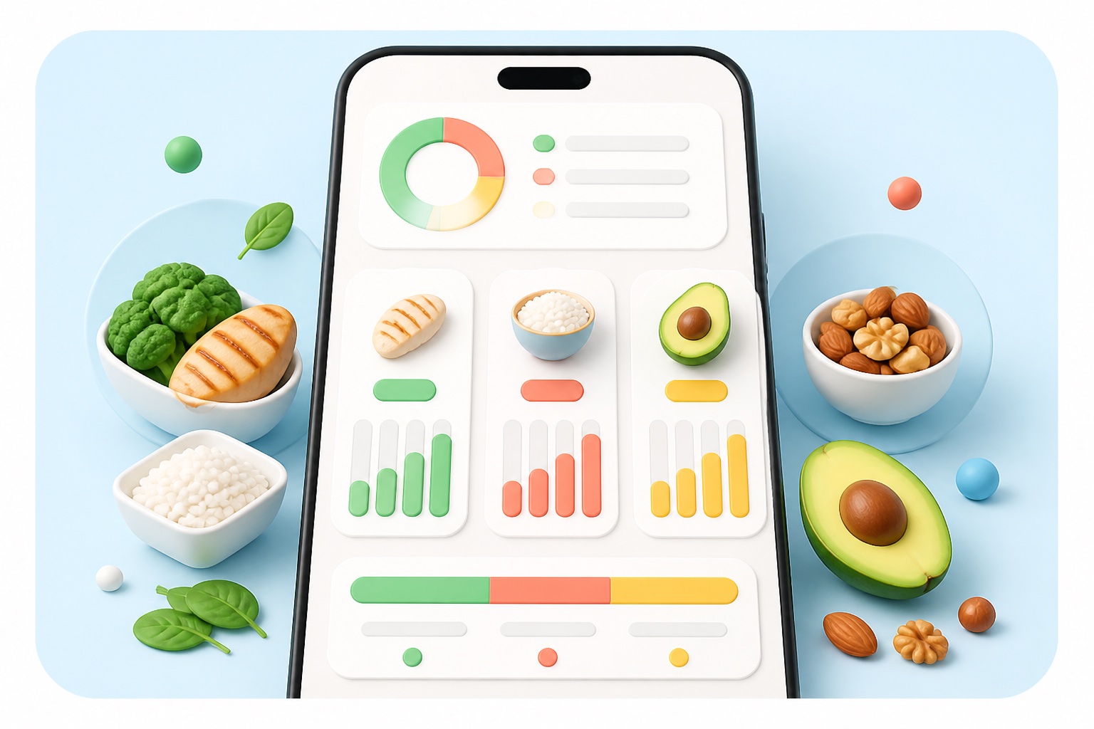 Track macros goal illustration with food icons and colorful macro bars