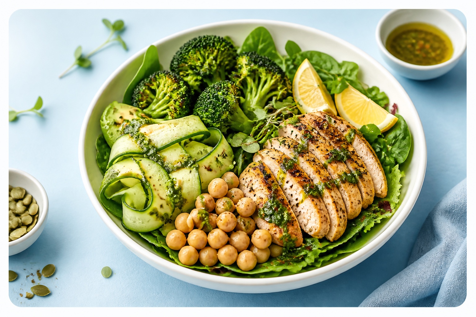 Green lunch plate with avocado, vegetables, protein, chickpeas, and lemon