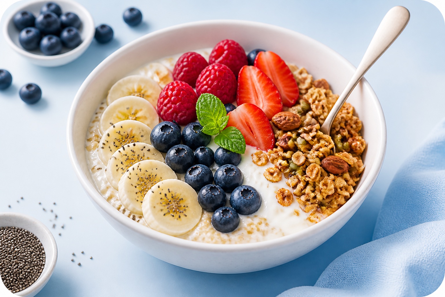 Protein breakfast bowl with berries, banana, granola, and chia seeds